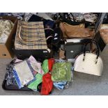 A collection of ladies handbags, purses and wallets, silk scarves, a pair of binoculars etc