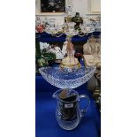 A Waterford boat shaped dish on stand and a Galway crystal jug and a crystal candelabra Condition