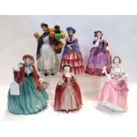 Six Royal Doulton figures including A Victorian Lady, Quality Street, Camille, Ballad Seller, Lady