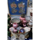 A Doulton Burslem blue and gilt pot, a strawberry moulded cream jug and sugar bowl, an oil lamp