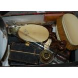 A box of miscellaneous including rootwood cork screws, ivory-backed brushes etc Condition Report: