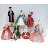 Eight Royal Doulton figures including a gentleman from Williamsburg, Peggy, Delicia, Blythe Morning,