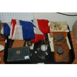 A tray lot including postal scales, Rye Golf Club Hole-in-one trophy, Union Flags etc Condition