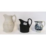 A blue and white sparrow beak jug, together with a black basalt jug and a Parian jug Condition