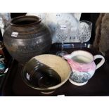 Two studio pottery vases, a Sunderland Lustre jug and a pair of Edinburgh crystal glasses