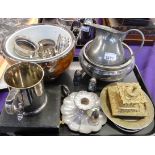 A tray lot of EP and pewter - jug, tankard, wine coasters, EP and wooden bowl Condition Report: