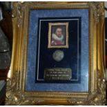 A box of various prints and portrait miniatures including framed King James VI silver shilling etc