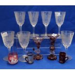 Seven vine etched drinking glasses and other items Condition Report: Available upon request