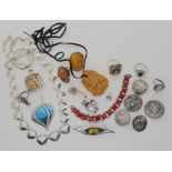 Silver Art Nouveau buttons, a silver retro necklace, a silver and enamel Ortak leaf pendant and