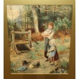 AFTER MYLES BIRKET FOSTER Girls feeding rabbits, monogrammed, watercolour, 23 x 19cm Condition