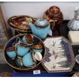 A Carlton Ware Tree and Swallow dish, a blue and gilt glazed coffee set, Rouge Royale pieces etc