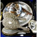 A tray lot of EP and silver - muffin dish, dressing table set, sauceboat etc Condition Report: