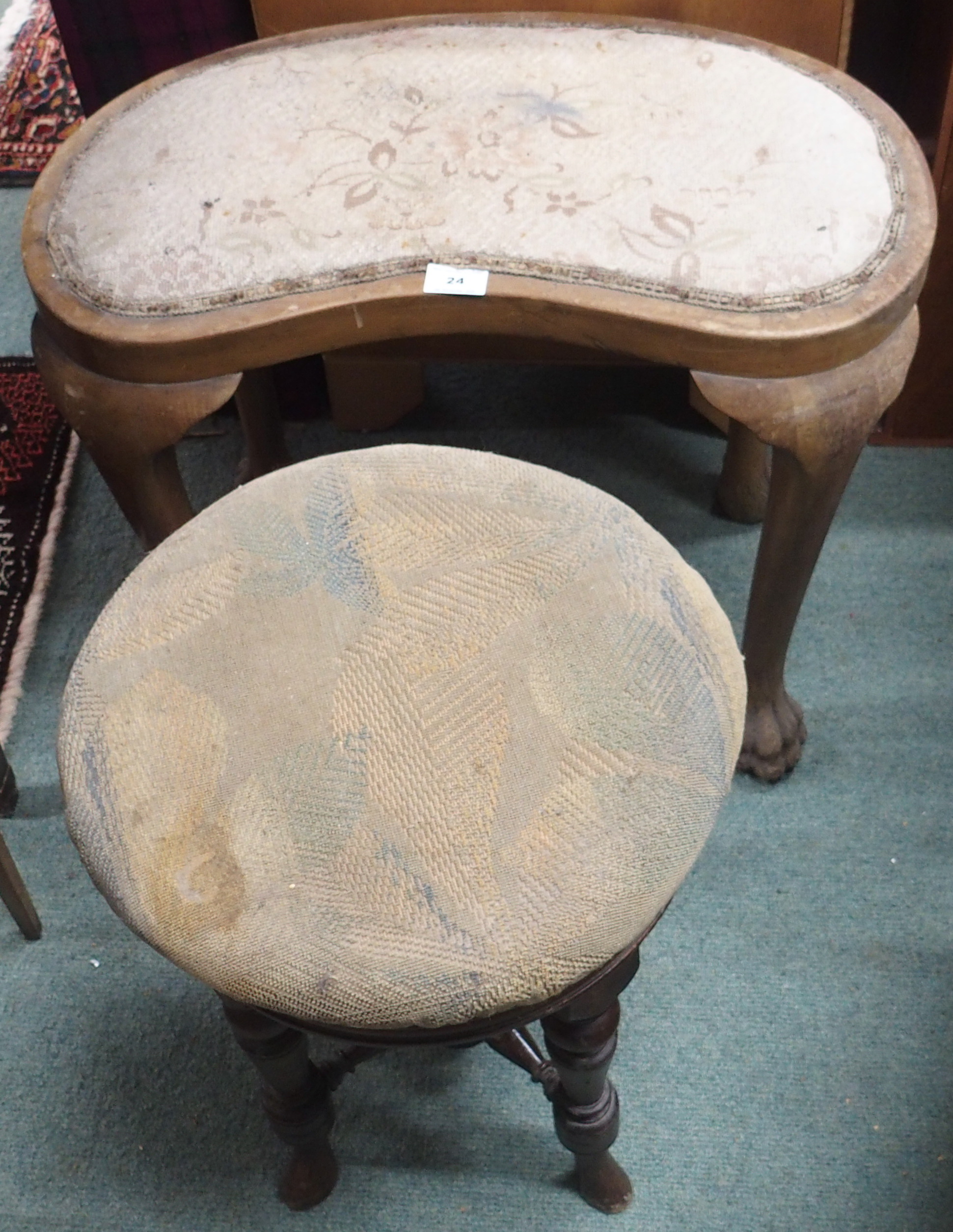 An adjustable piano stool and a dressing stool with hairy paw feet (2) Condition Report: Available