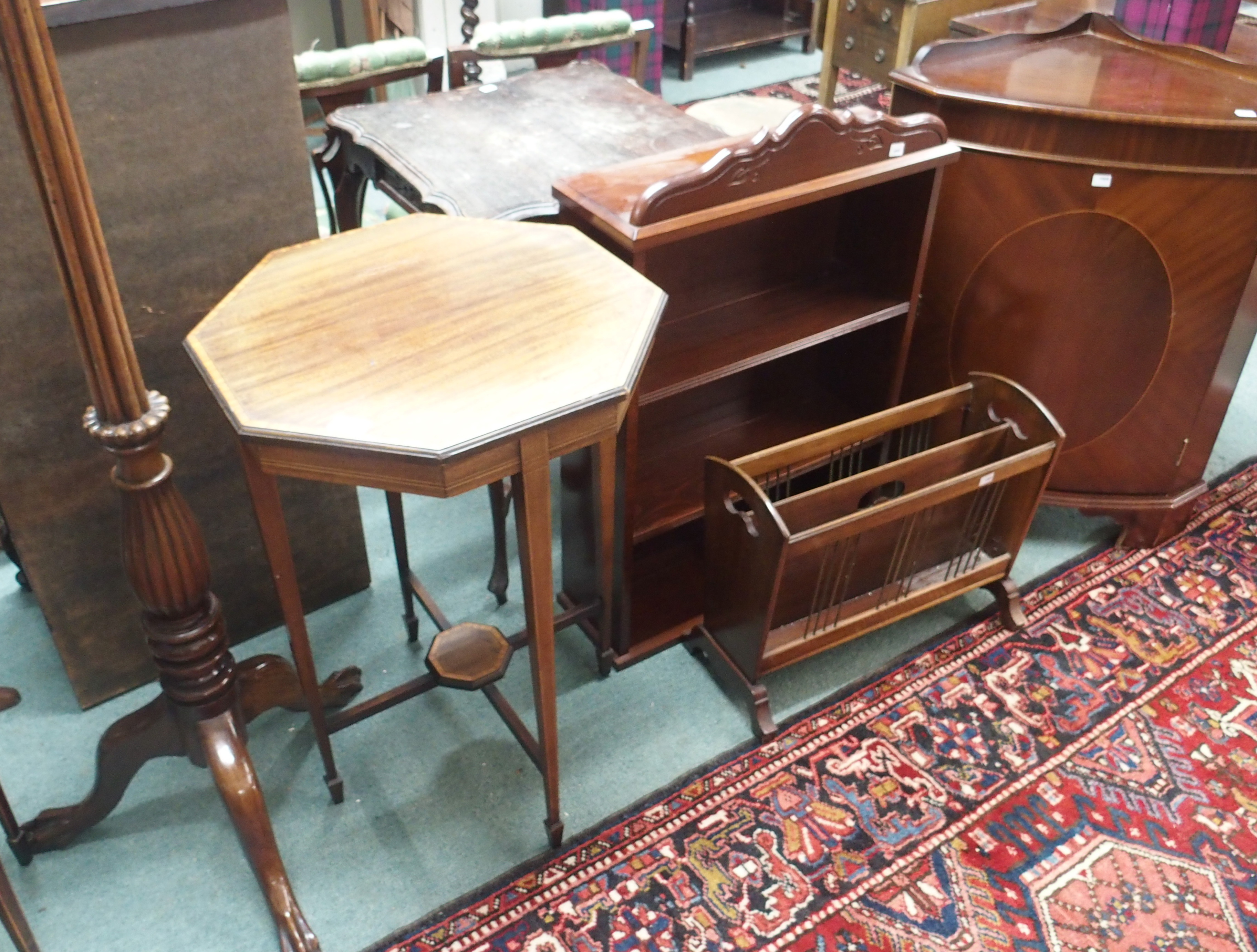 A mahogany window table, torchere etc (5) Condition Report: Available upon request