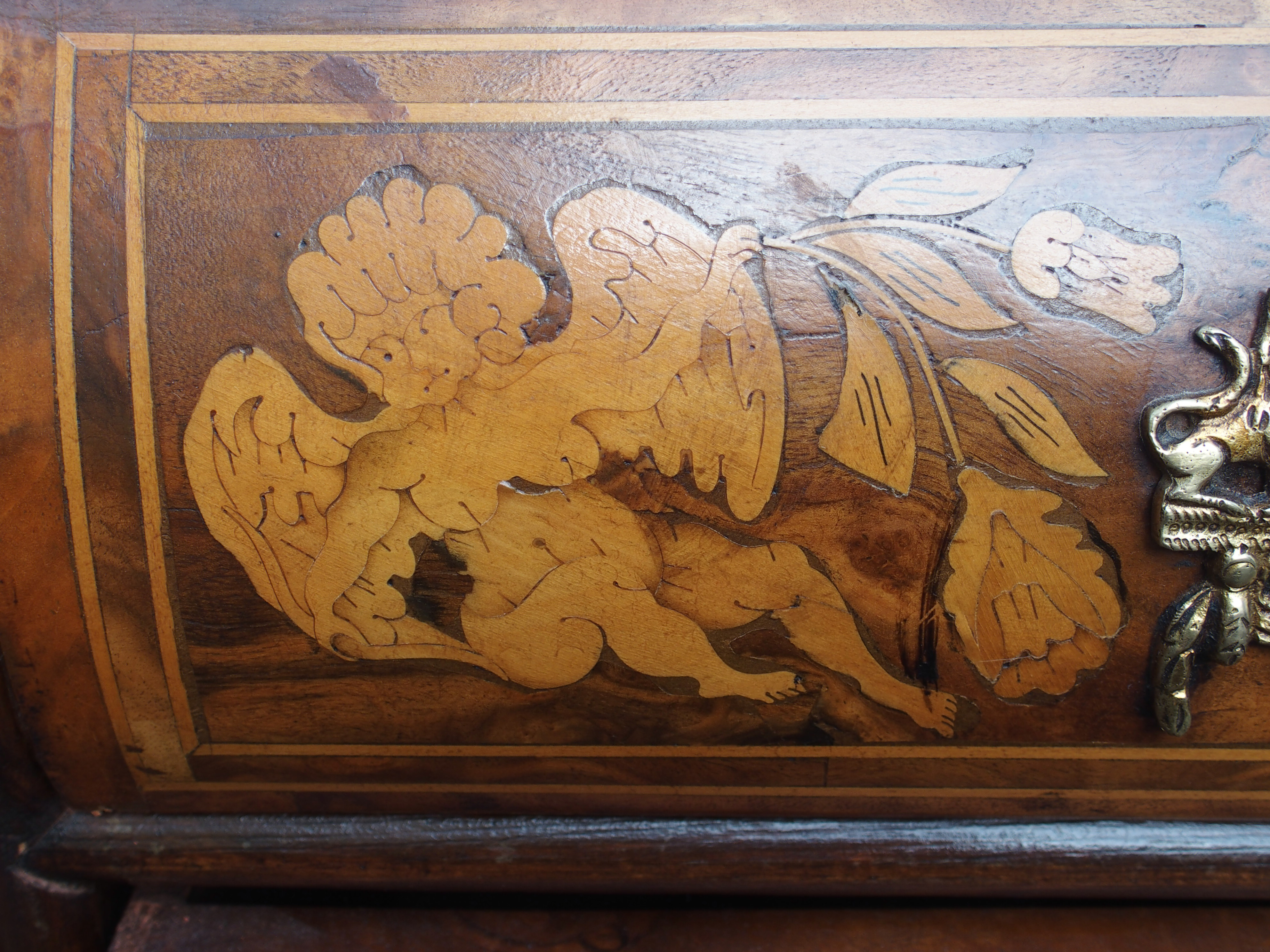 A DUTCH MARQUETRY WALNUT DISPLAY CABINET the scroll shaped hood divided by a glazed panel surrounded - Image 14 of 16