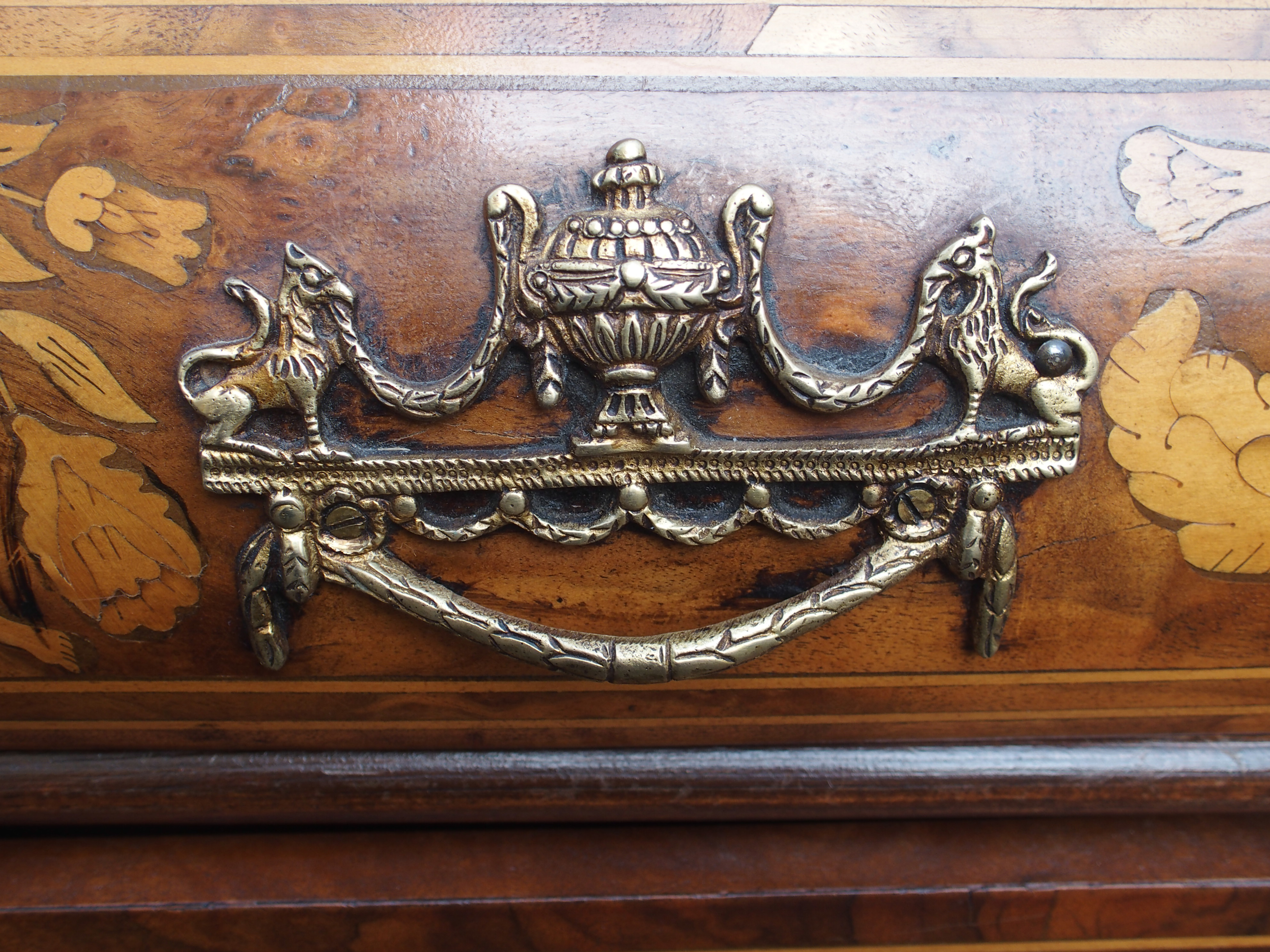 A DUTCH MARQUETRY WALNUT DISPLAY CABINET the scroll shaped hood divided by a glazed panel surrounded - Image 13 of 16