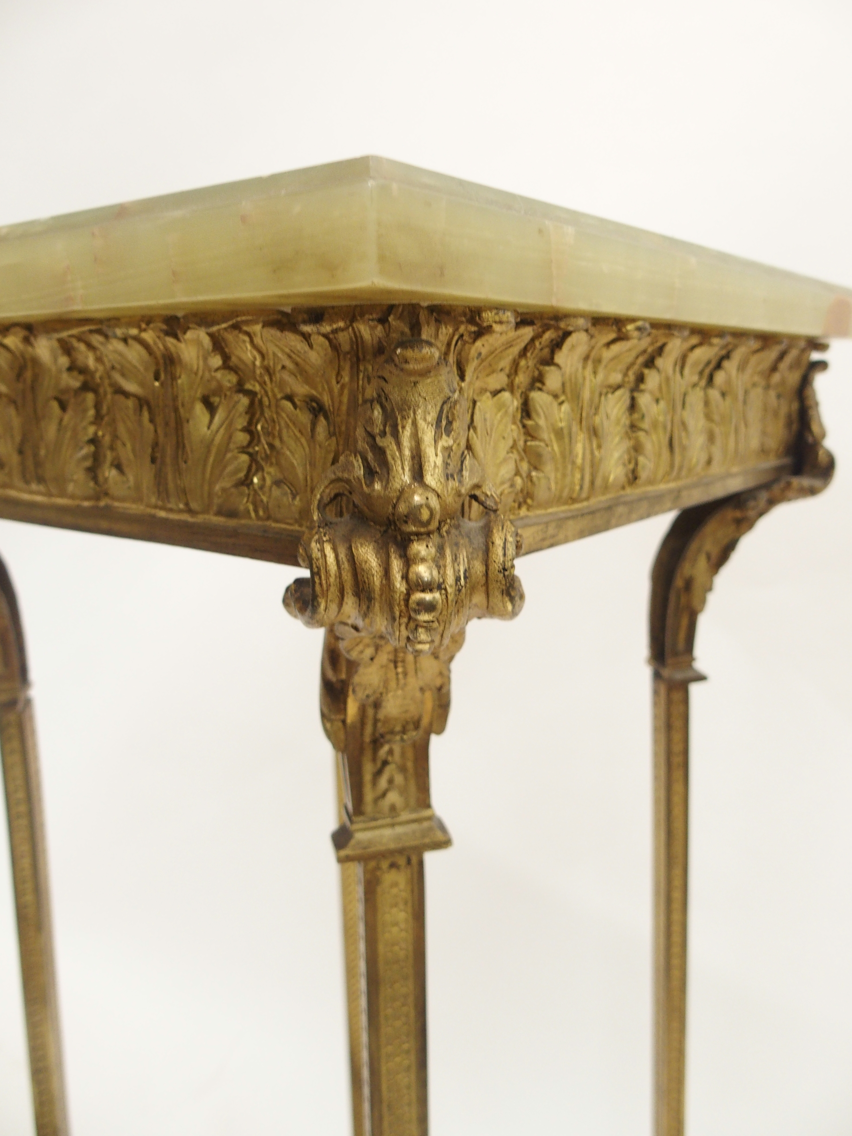 A GILT METAL AND GREEN ONYX PEDESTAL cast with acanthus leaf and on square legs joined by a shelf - Image 5 of 10