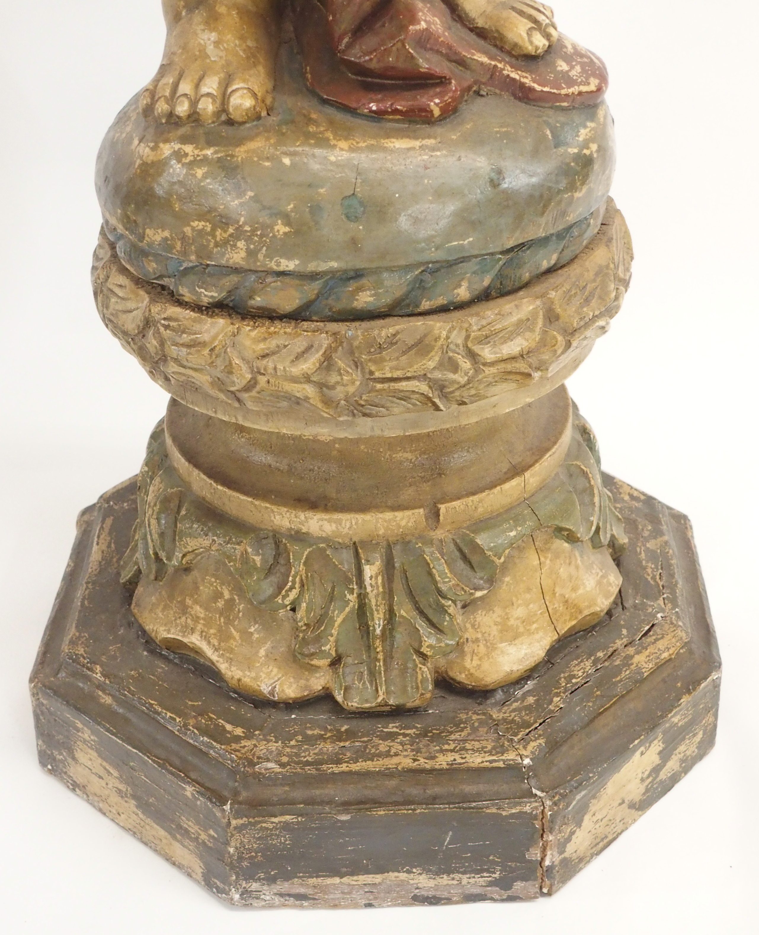A PAIR OF CONTINENTAL POLYCHROME PINE PEDESTALS each carved with putti holding a robe and standing - Image 10 of 15