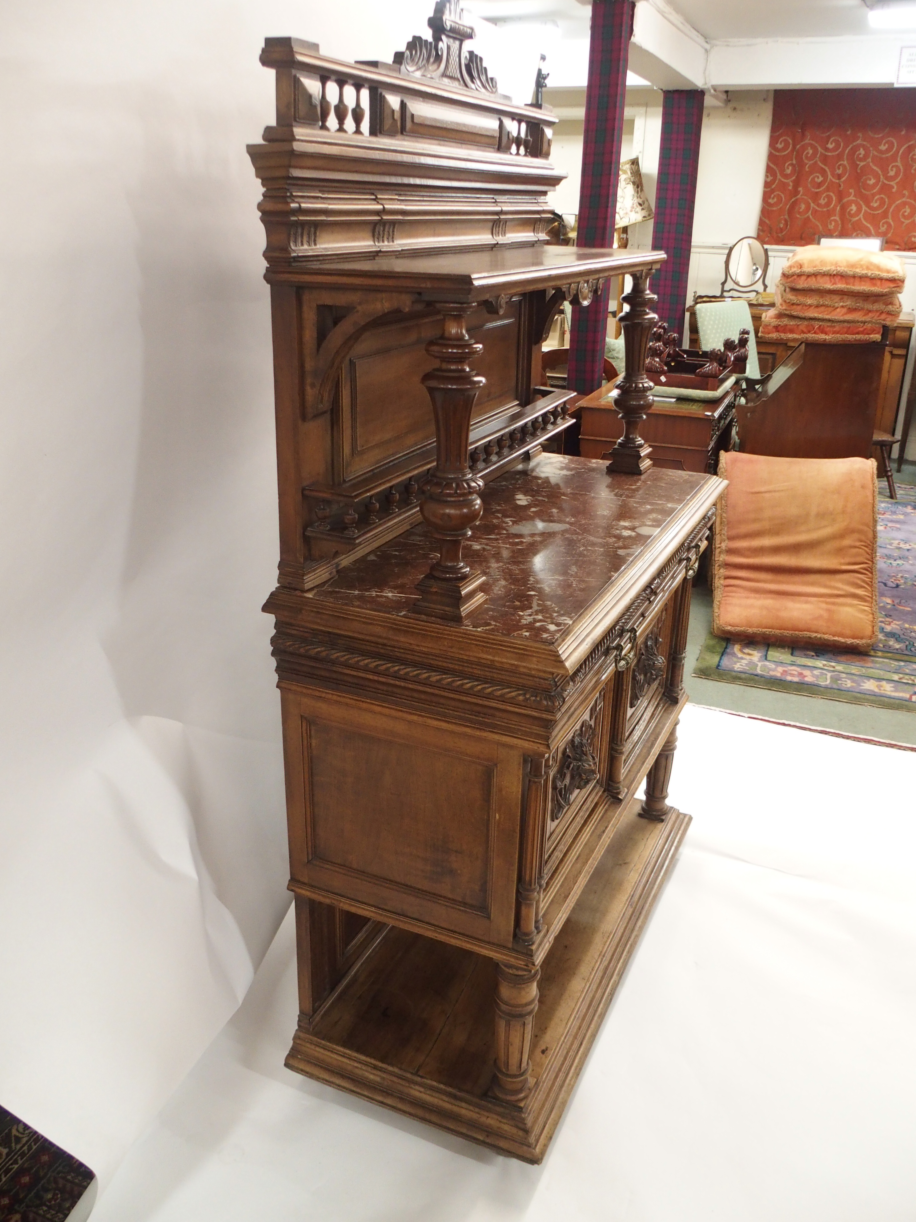A CONTINENTAL WALNUT SIDEBOARD the back with broad shelf on fluted supports,above a gallery and - Image 16 of 33
