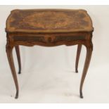 A FRENCH WALNUT AND KINGWOOD, MARQUETRY AND GILT METAL MOUNTED SEWING TABLE the shaped hinged top