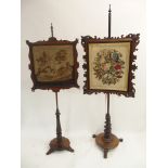 TWO VICTORIAN ROSEWOOD POLESCREENS one with floral woolwork panel the other with dogs before a