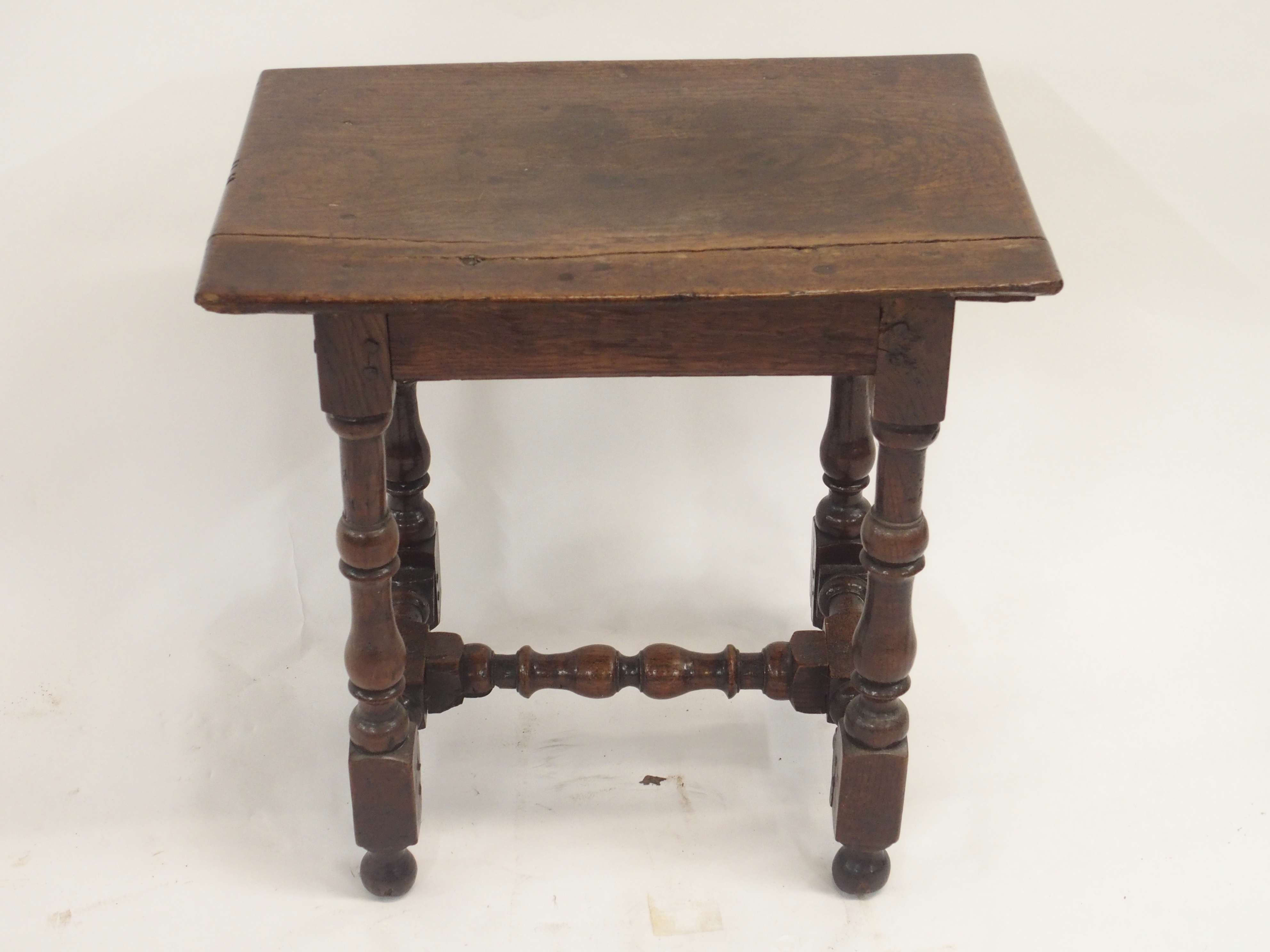 AN 18TH CENTURY AND LATER OAK JOINT STOOL the broad seat on ring turned baluster legs, joined by - Image 2 of 10