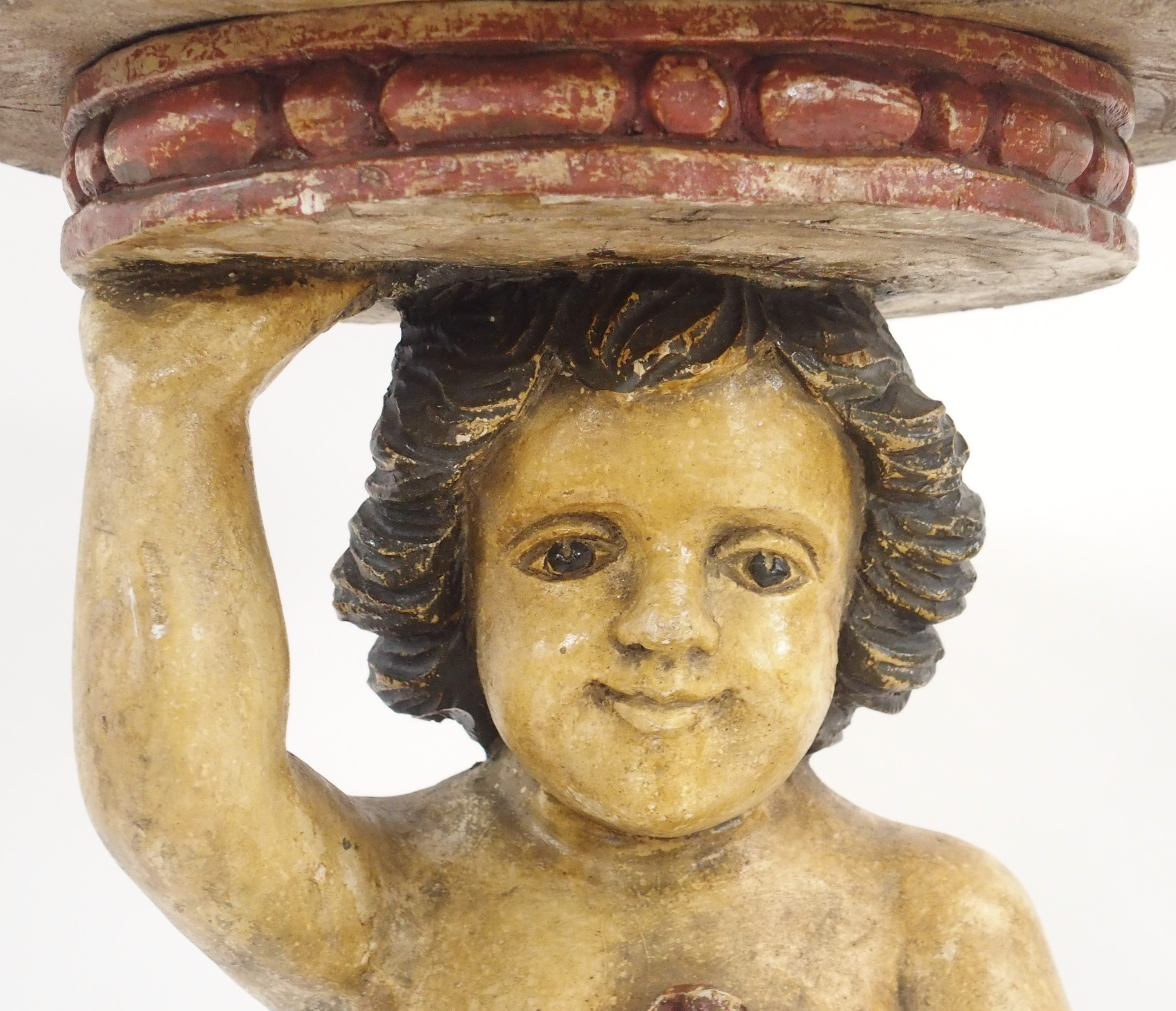 A PAIR OF CONTINENTAL POLYCHROME PINE PEDESTALS each carved with putti holding a robe and standing - Image 3 of 15