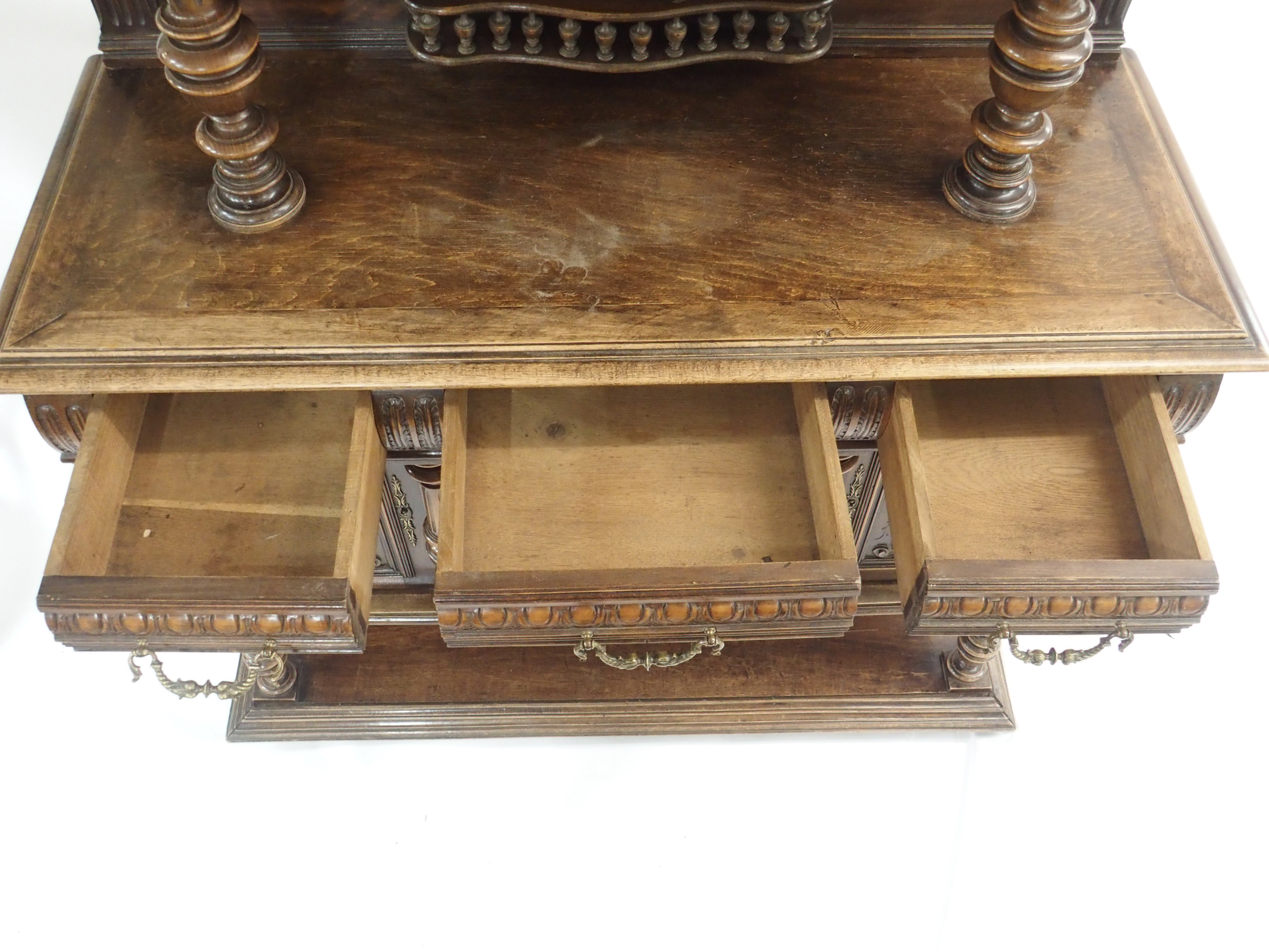 A CONTINENTAL WALNUT SIDEBOARD the back with broad shelf on fluted supports,above a gallery and - Image 28 of 33