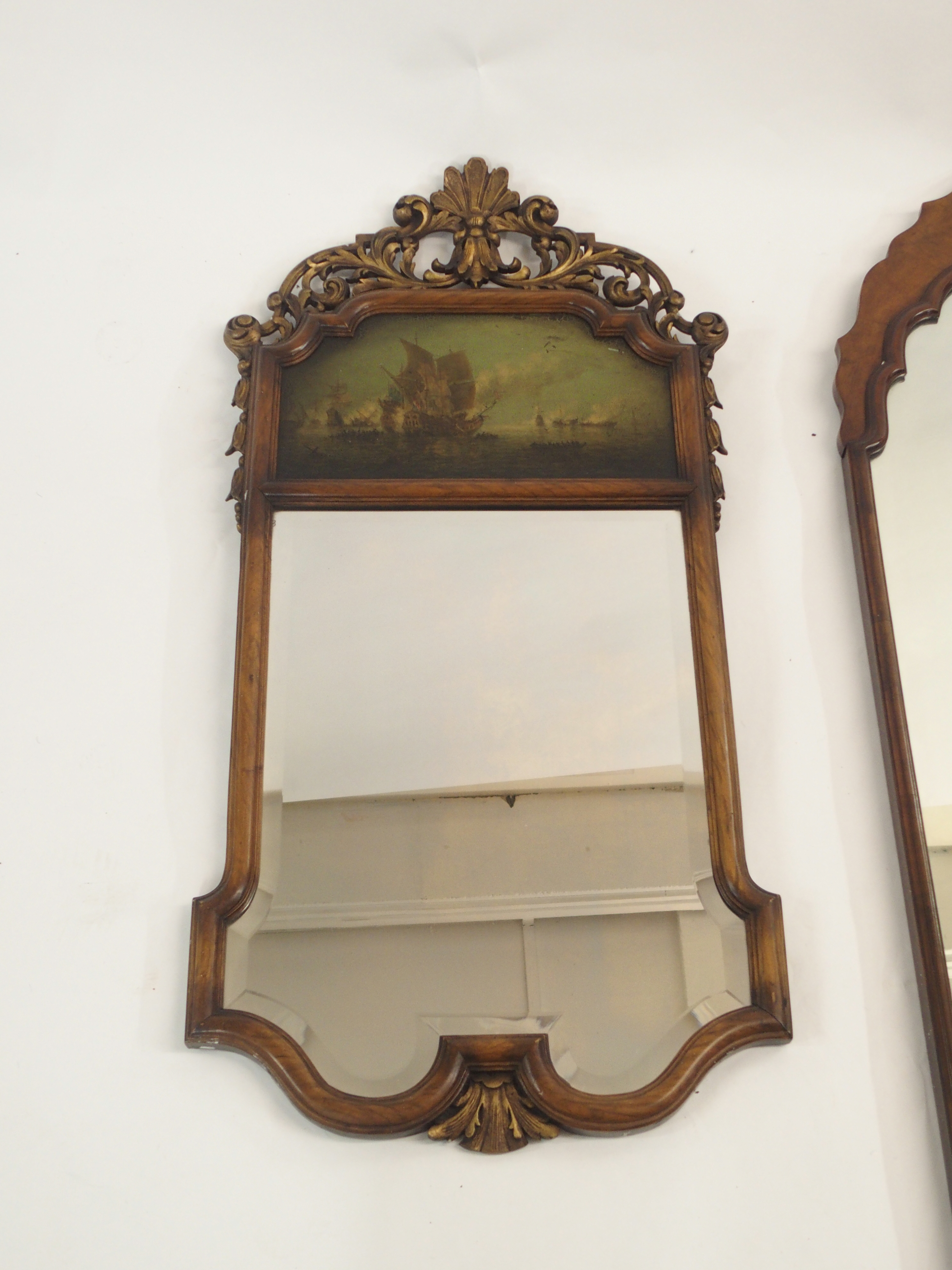 A GEORGIAN DESIGN WALNUT PIER MIRROR with carved foliate gilt surmount, above a marine painted - Image 2 of 9