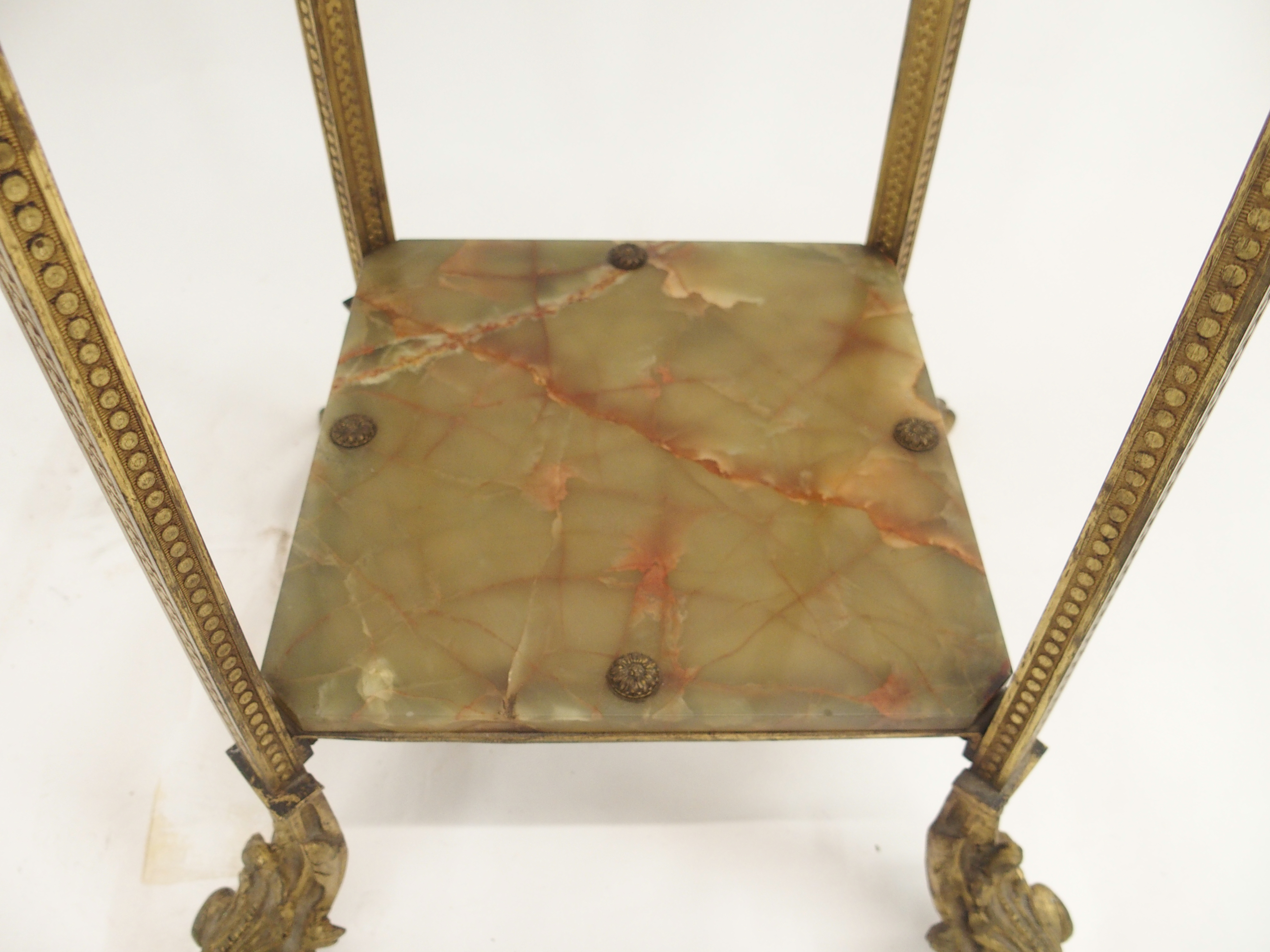 A GILT METAL AND GREEN ONYX PEDESTAL cast with acanthus leaf and on square legs joined by a shelf - Image 6 of 10