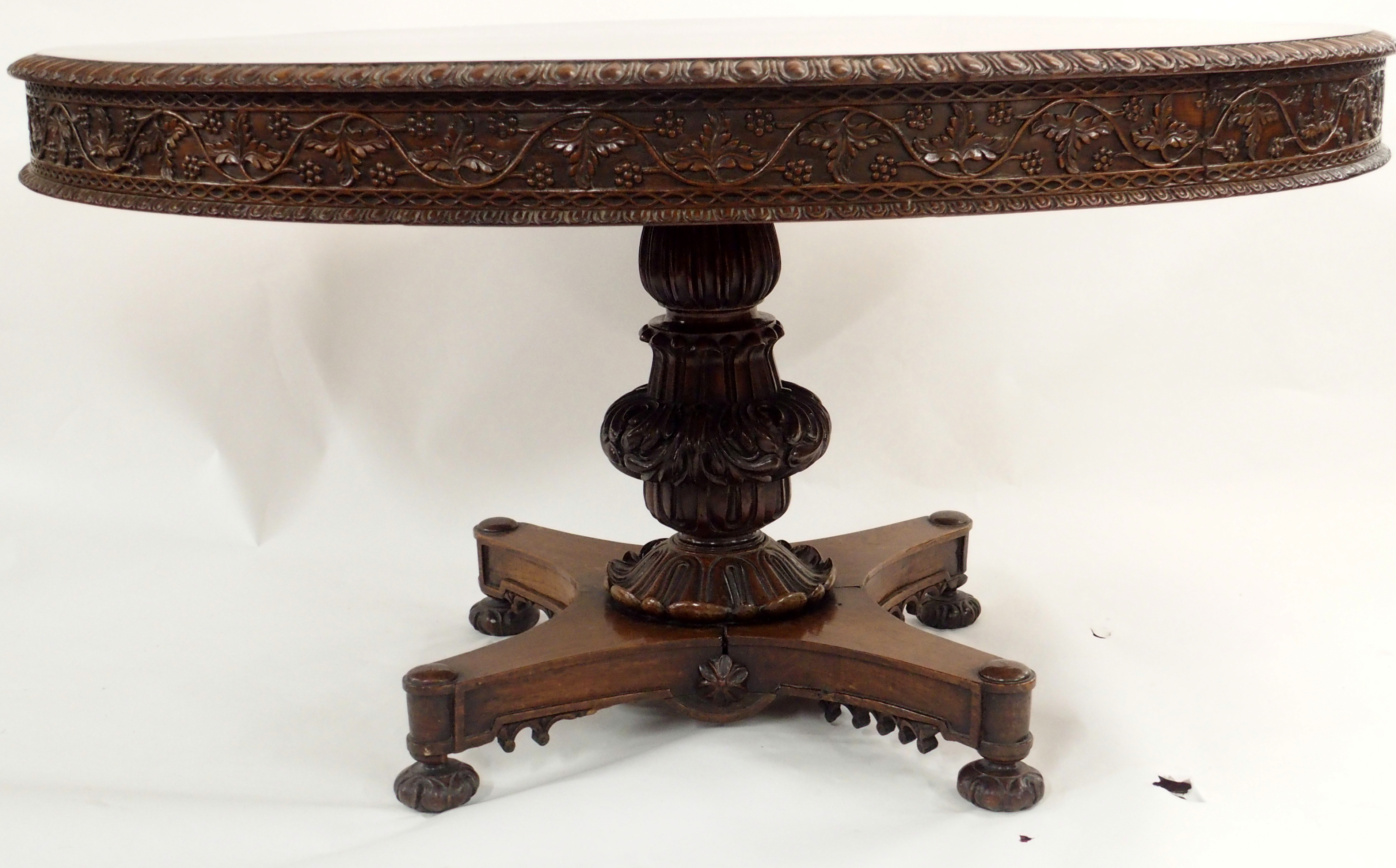 AN ANGLO INDIAN ROSEWOOD BREAKFAST TABLE the circular top with egg and dart rim above profusely - Image 3 of 13