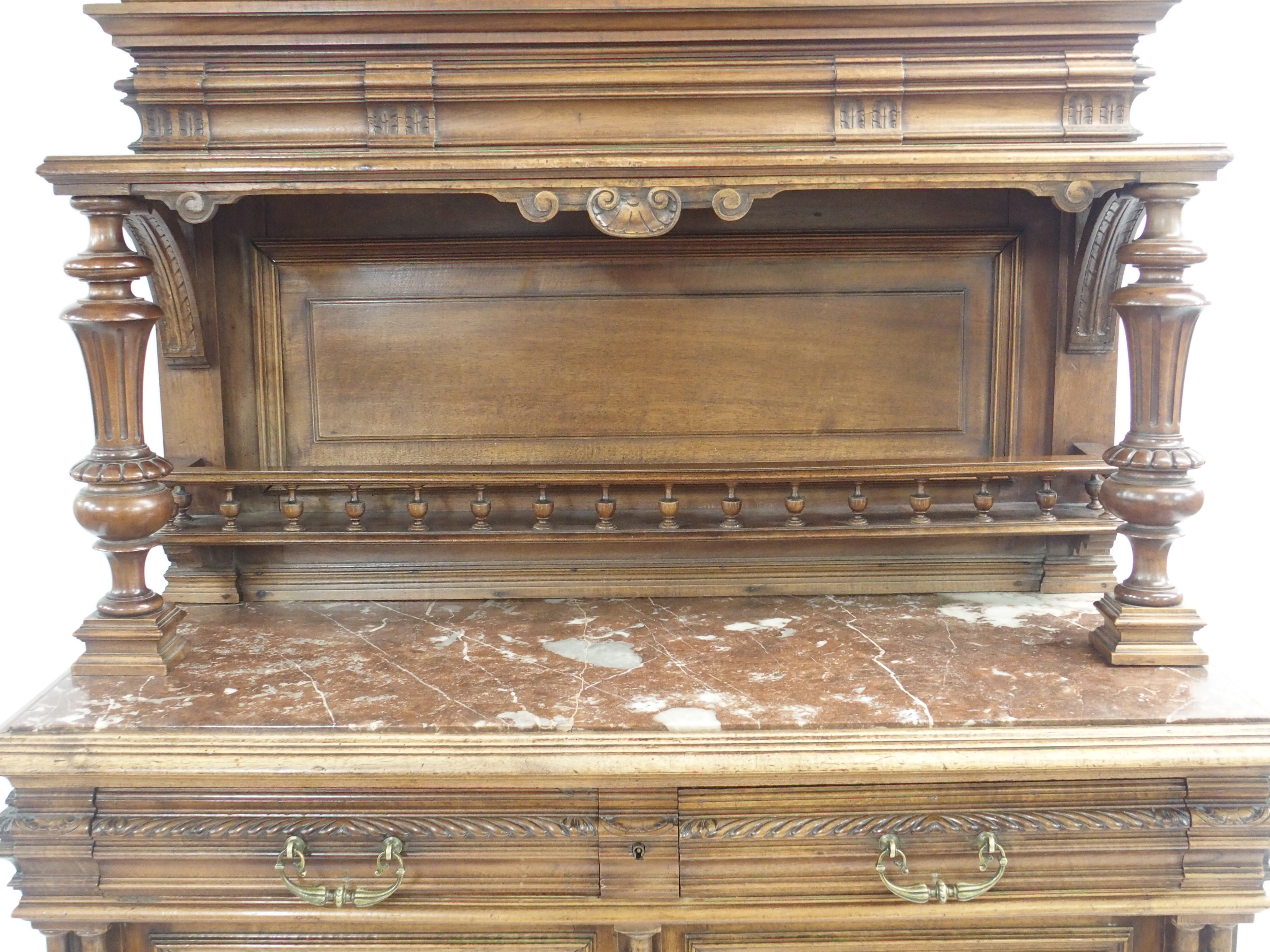 A CONTINENTAL WALNUT SIDEBOARD the back with broad shelf on fluted supports,above a gallery and - Image 5 of 33