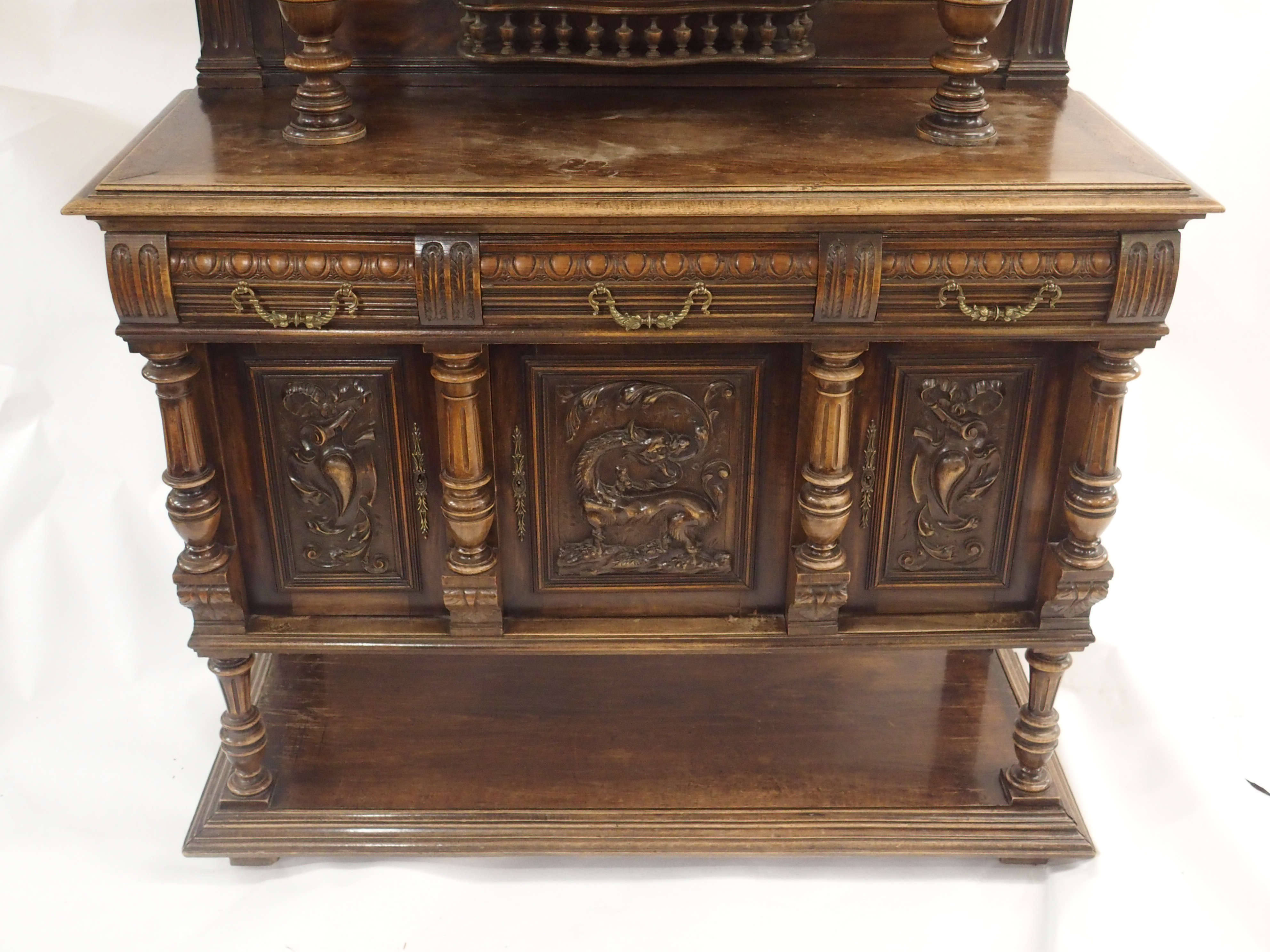 A CONTINENTAL WALNUT SIDEBOARD the back with broad shelf on fluted supports,above a gallery and - Image 24 of 33