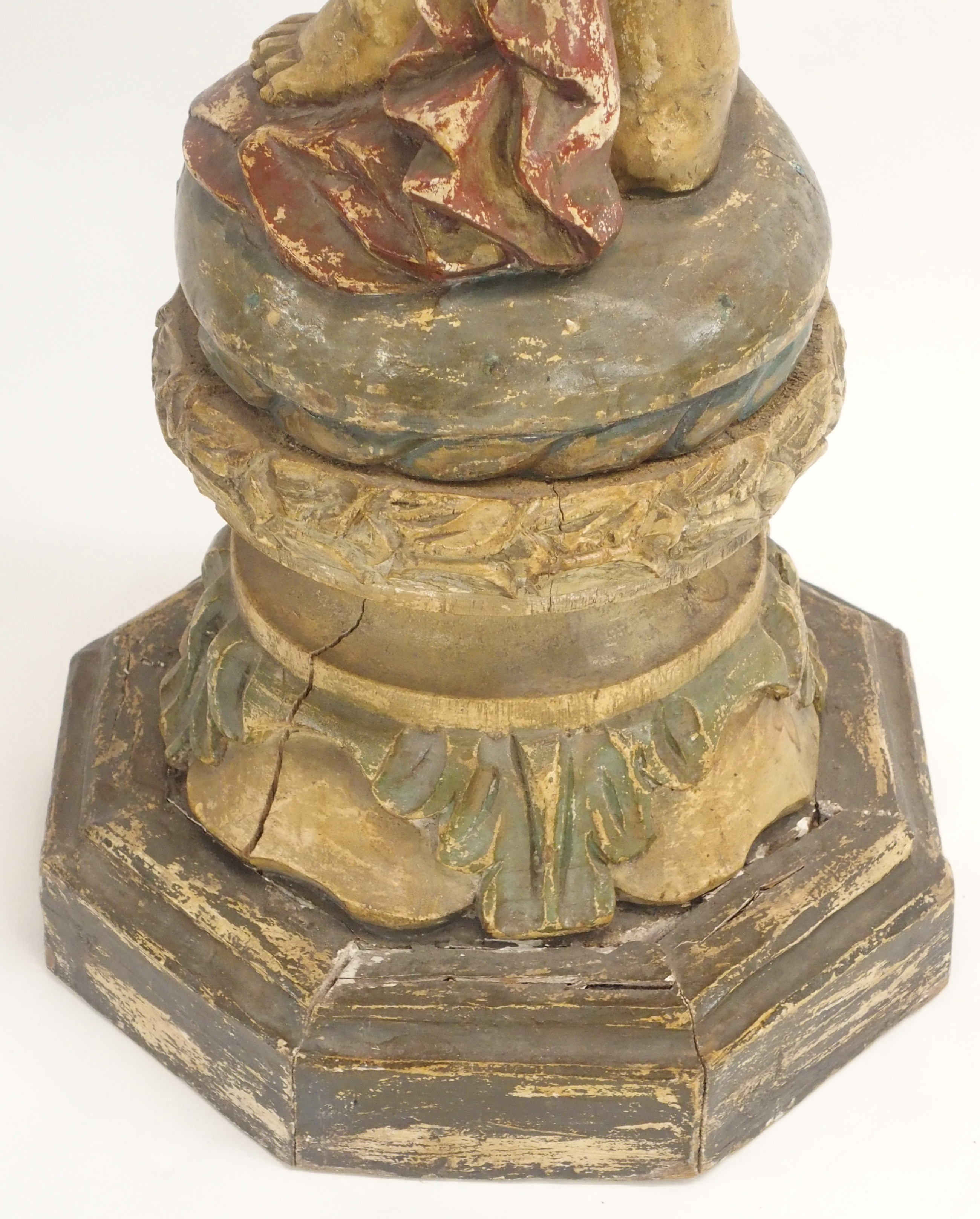 A PAIR OF CONTINENTAL POLYCHROME PINE PEDESTALS each carved with putti holding a robe and standing - Image 12 of 15