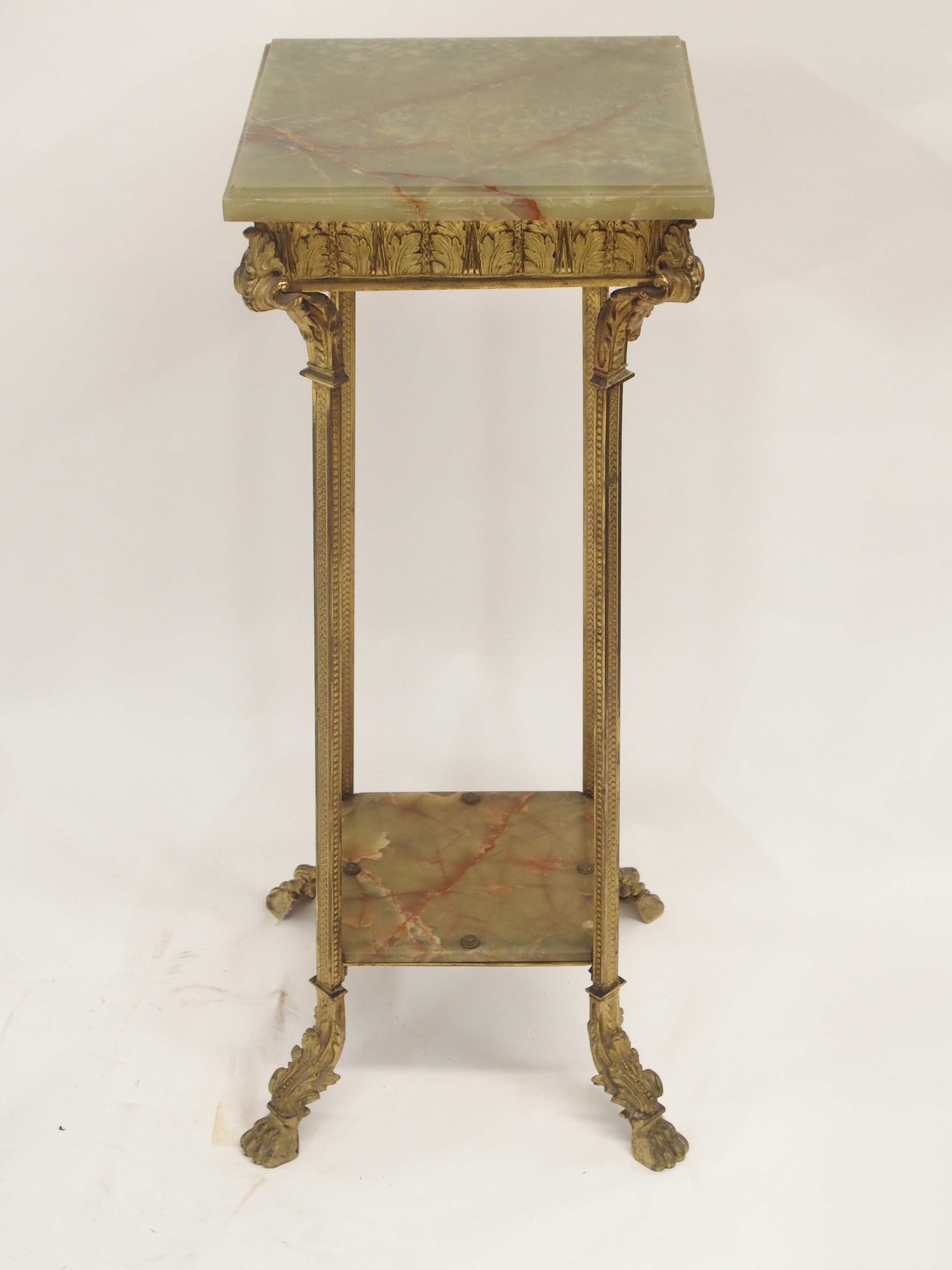 A GILT METAL AND GREEN ONYX PEDESTAL cast with acanthus leaf and on square legs joined by a shelf - Image 10 of 10