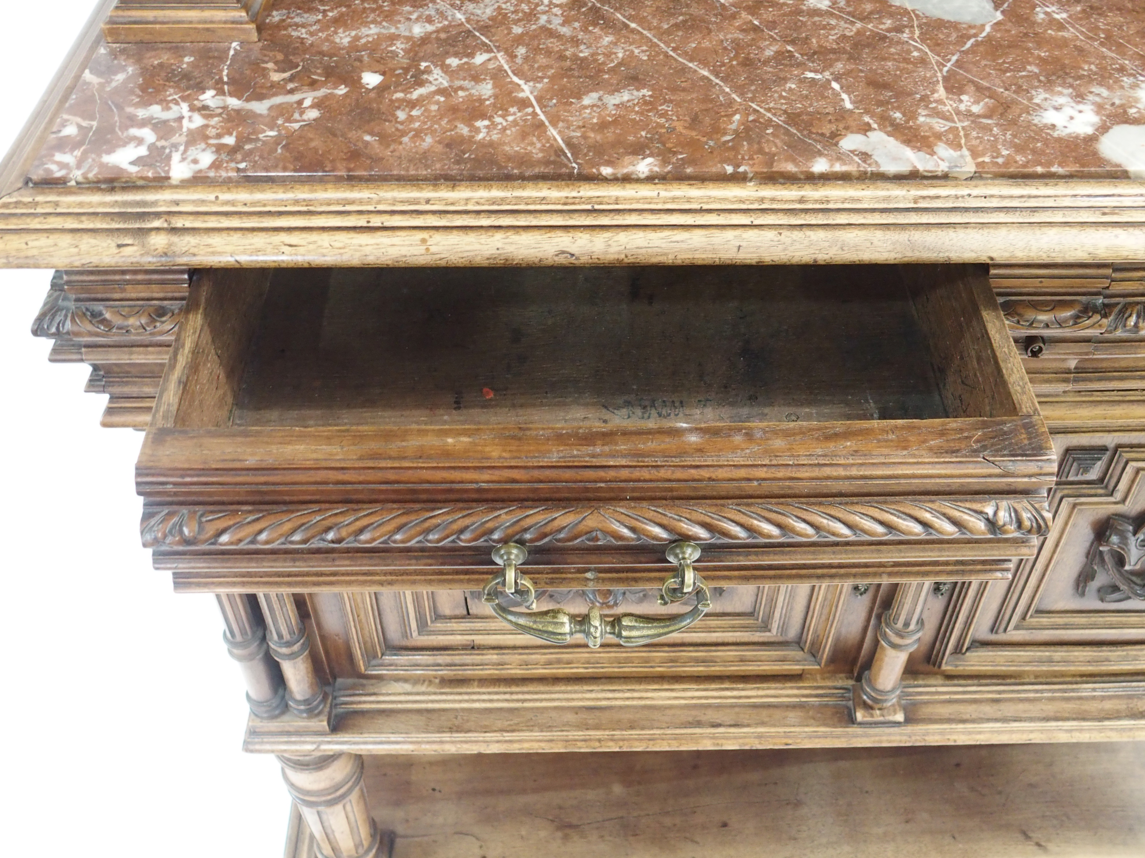 A CONTINENTAL WALNUT SIDEBOARD the back with broad shelf on fluted supports,above a gallery and - Image 7 of 33