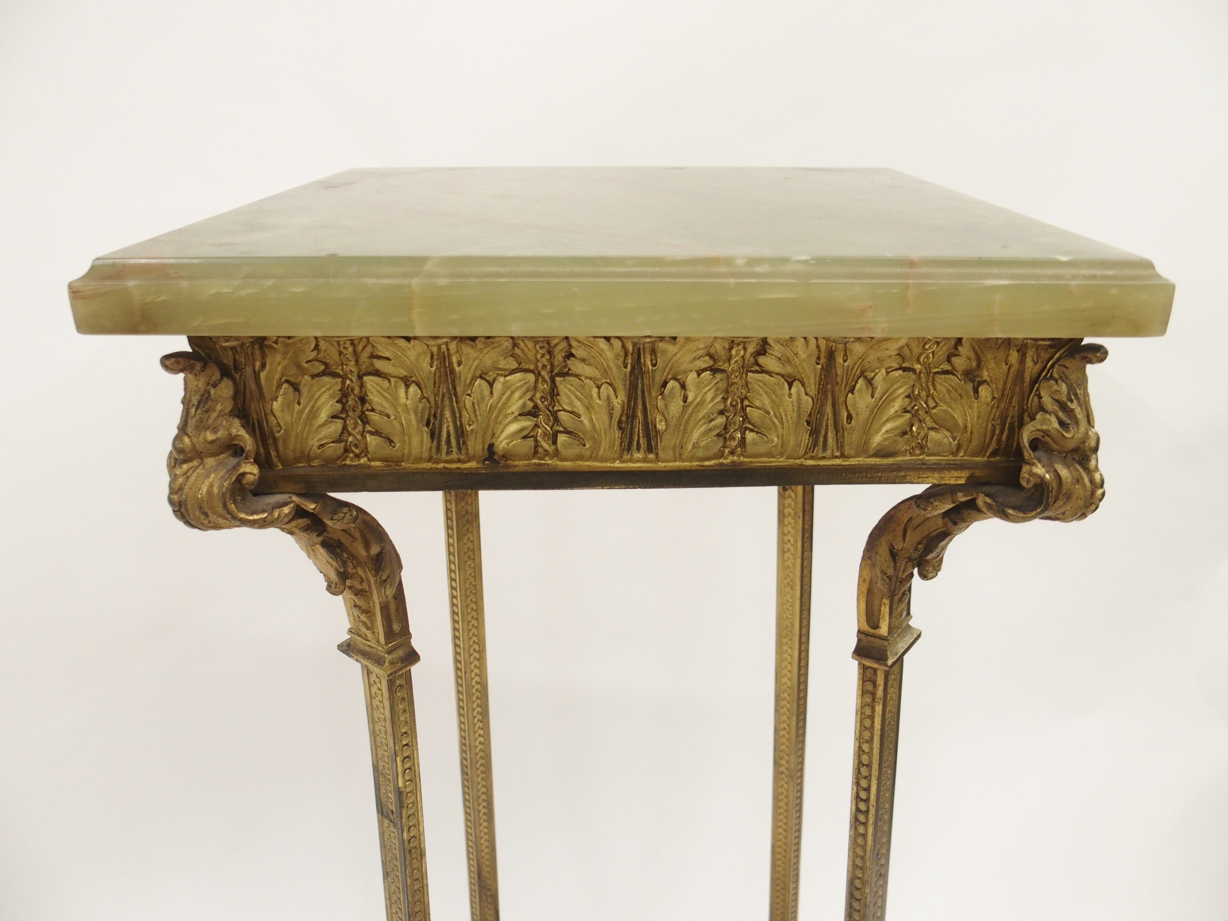 A GILT METAL AND GREEN ONYX PEDESTAL cast with acanthus leaf and on square legs joined by a shelf - Image 4 of 10