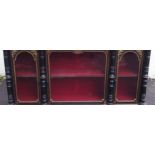 A VICTORIAN EBONISED, GILT METAL AND INLAID BREAKFRONT CREDENZA with white marble top above three