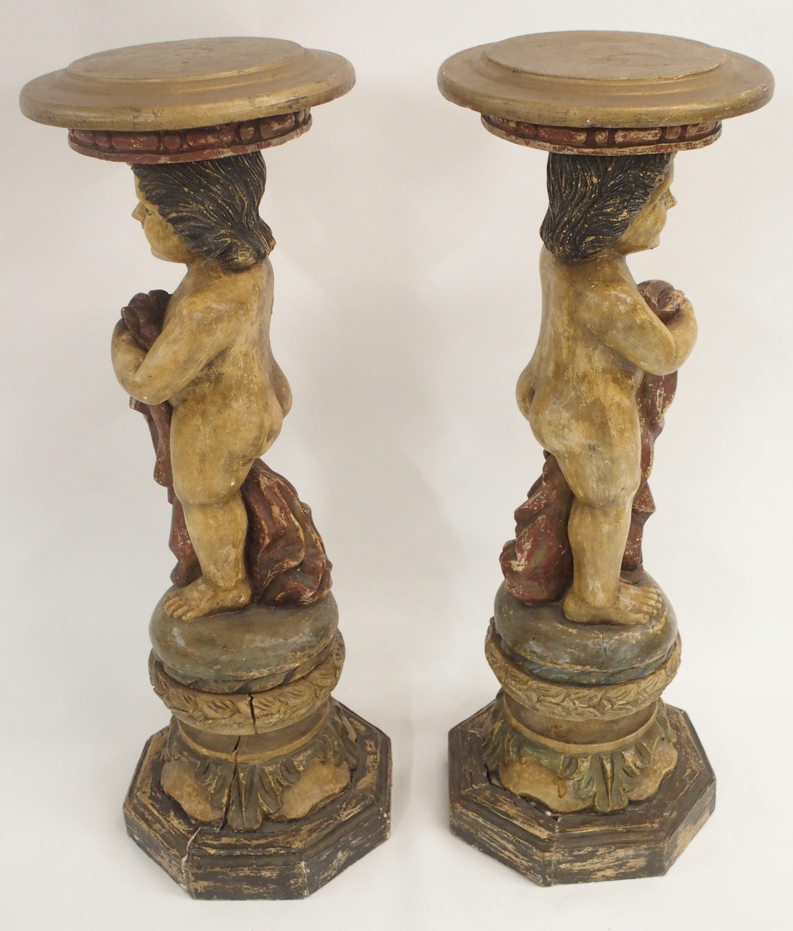 A PAIR OF CONTINENTAL POLYCHROME PINE PEDESTALS each carved with putti holding a robe and standing - Image 15 of 15