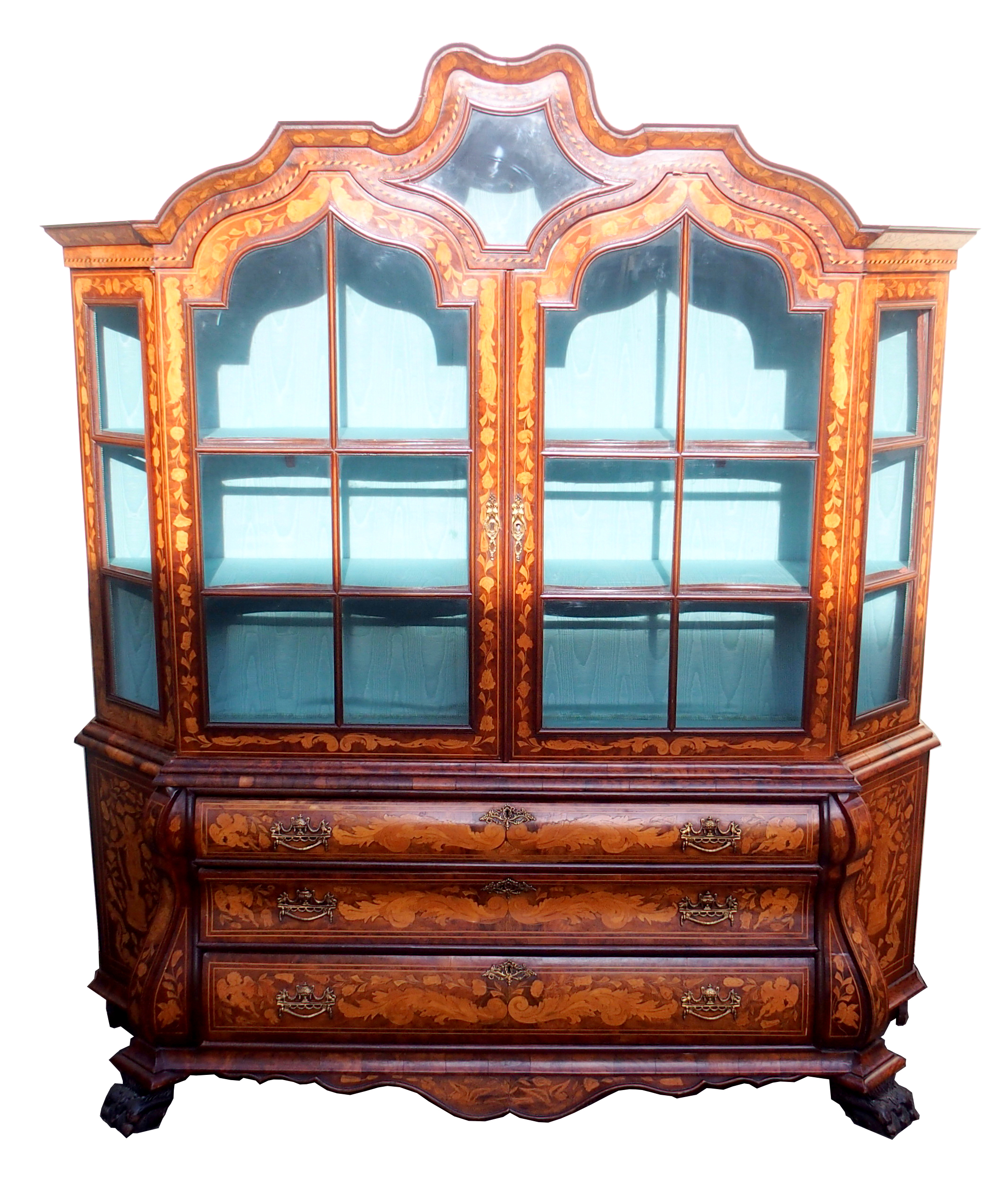 A DUTCH MARQUETRY WALNUT DISPLAY CABINET the scroll shaped hood divided by a glazed panel surrounded