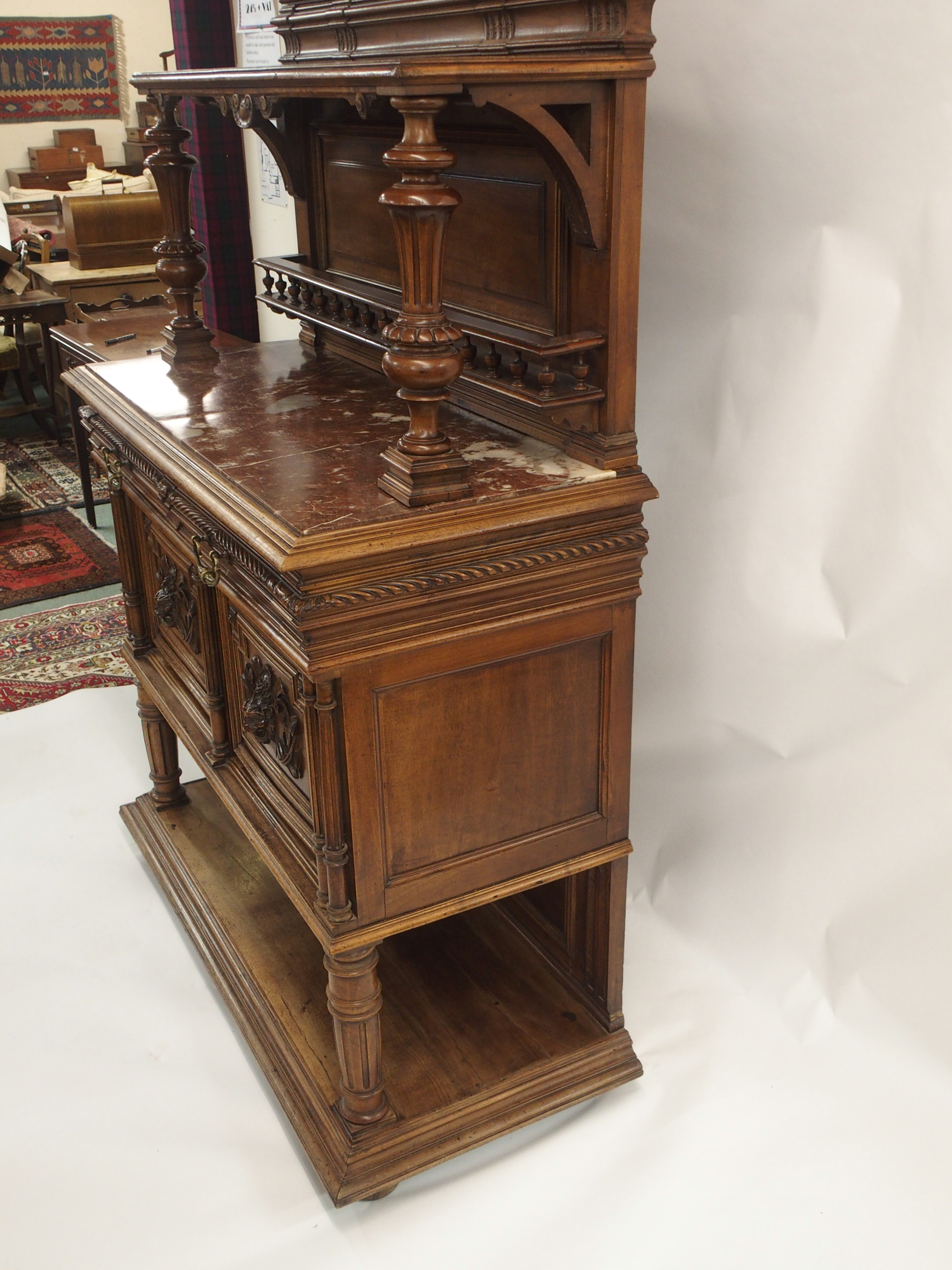 A CONTINENTAL WALNUT SIDEBOARD the back with broad shelf on fluted supports,above a gallery and - Image 14 of 33