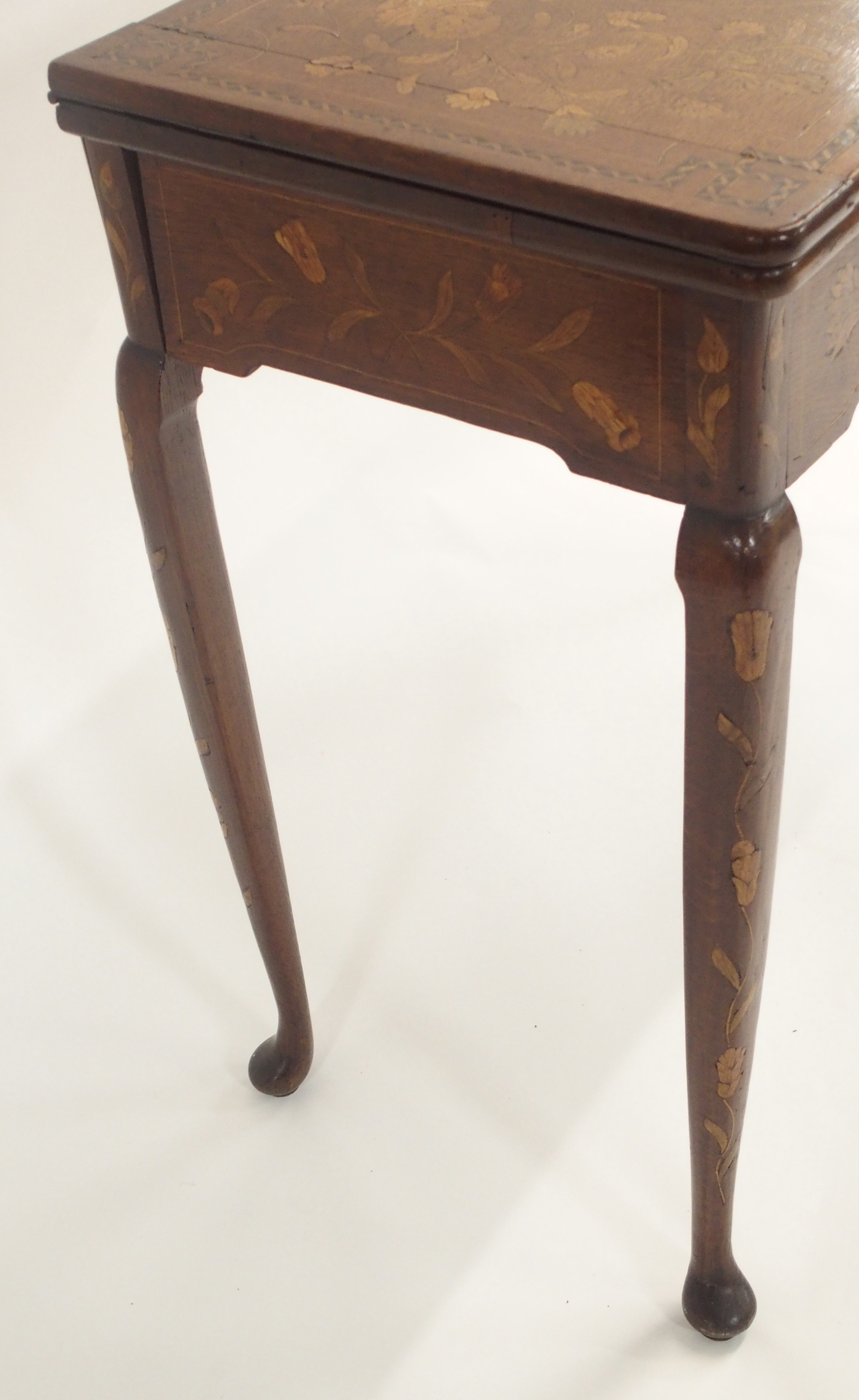 A DUTCH MARQUETRY OAK FOLD OVER CARD TABLE decorated with a basket of ribbon tied flowers, - Image 5 of 10