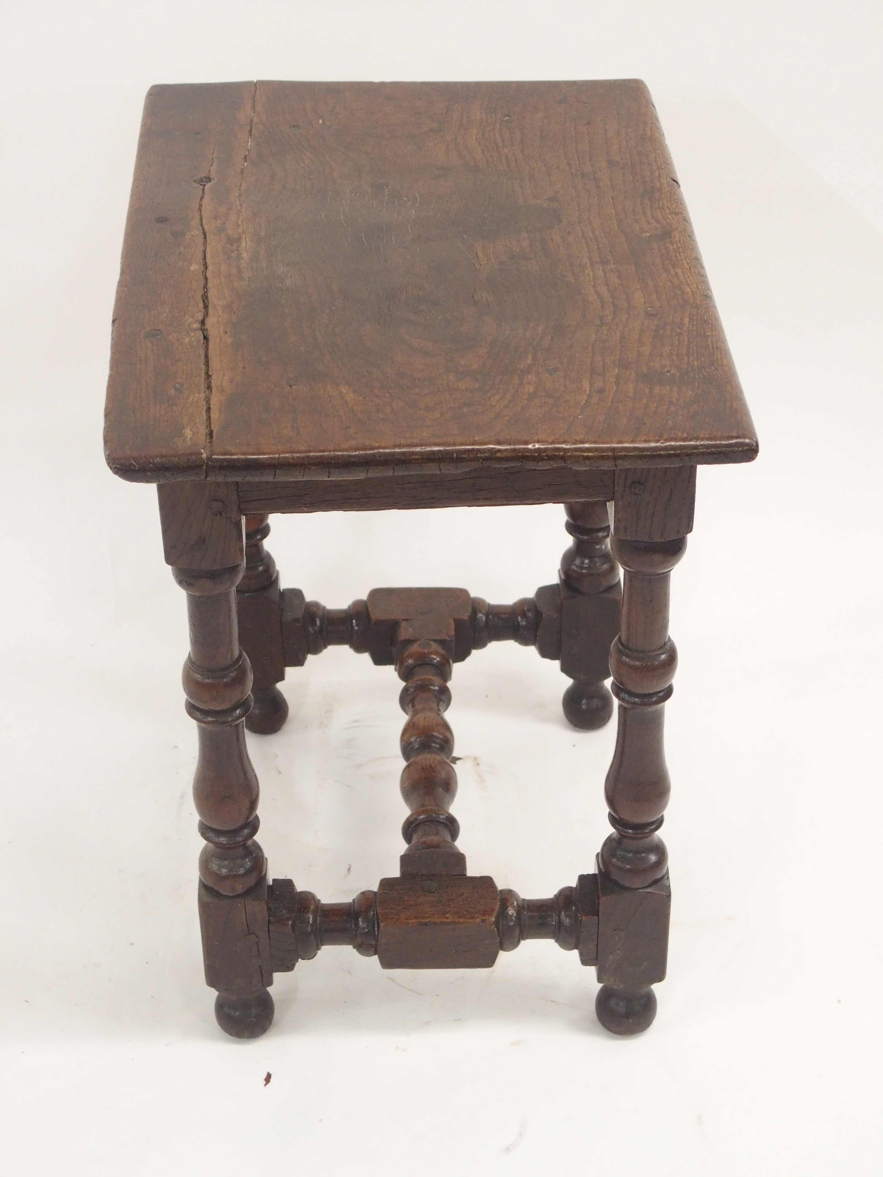 AN 18TH CENTURY AND LATER OAK JOINT STOOL the broad seat on ring turned baluster legs, joined by - Image 6 of 10