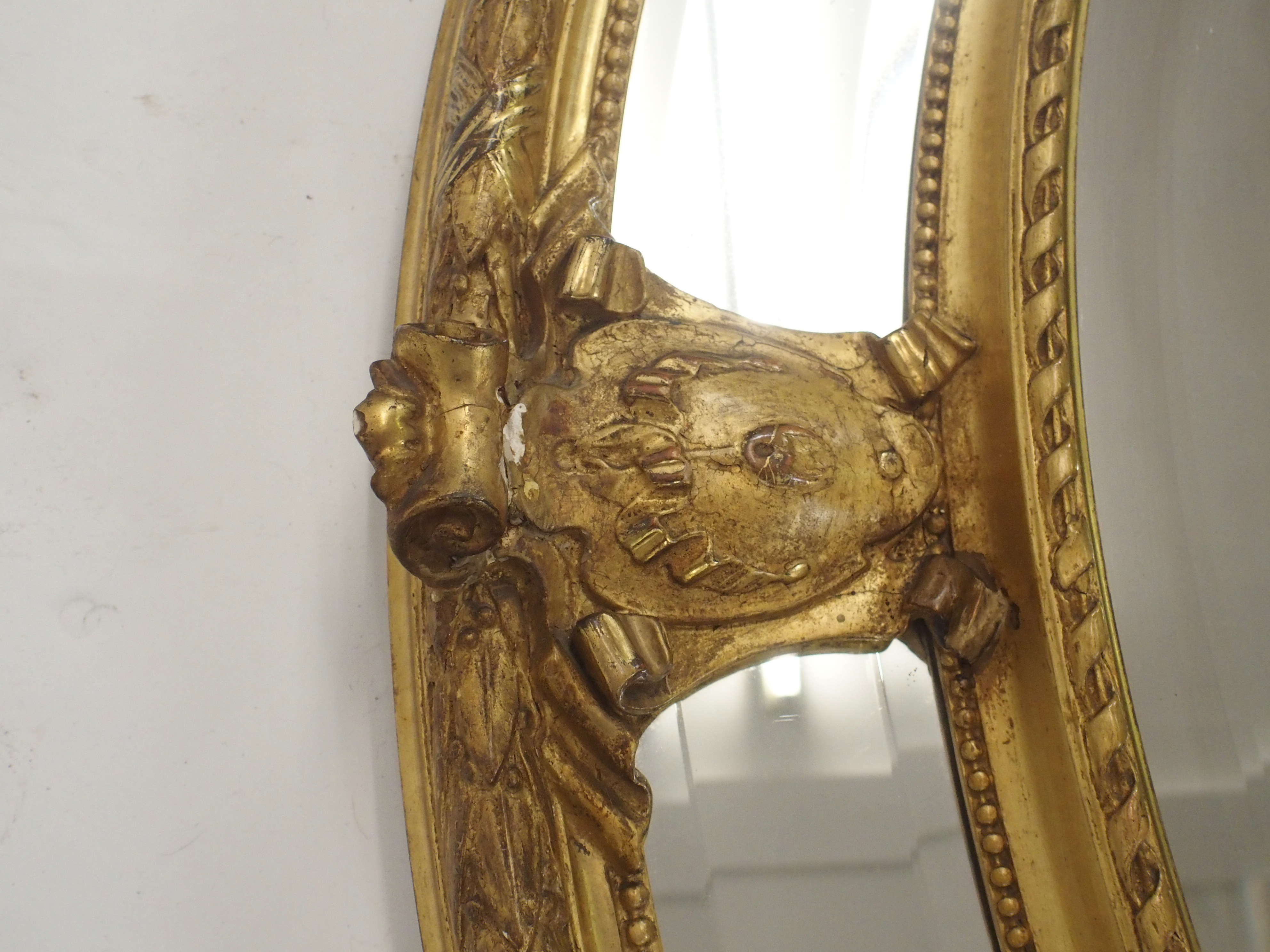 A LOUIS XVI STYLE GILTWOOD AND GESSO OVAL WALL MIRROR with birds and musical trophy surmount above - Image 8 of 12