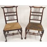 A PAIR OF 19TH CENTURY FRUITWOOD CHAIRS with triple rows of baluster turned spindles above rush