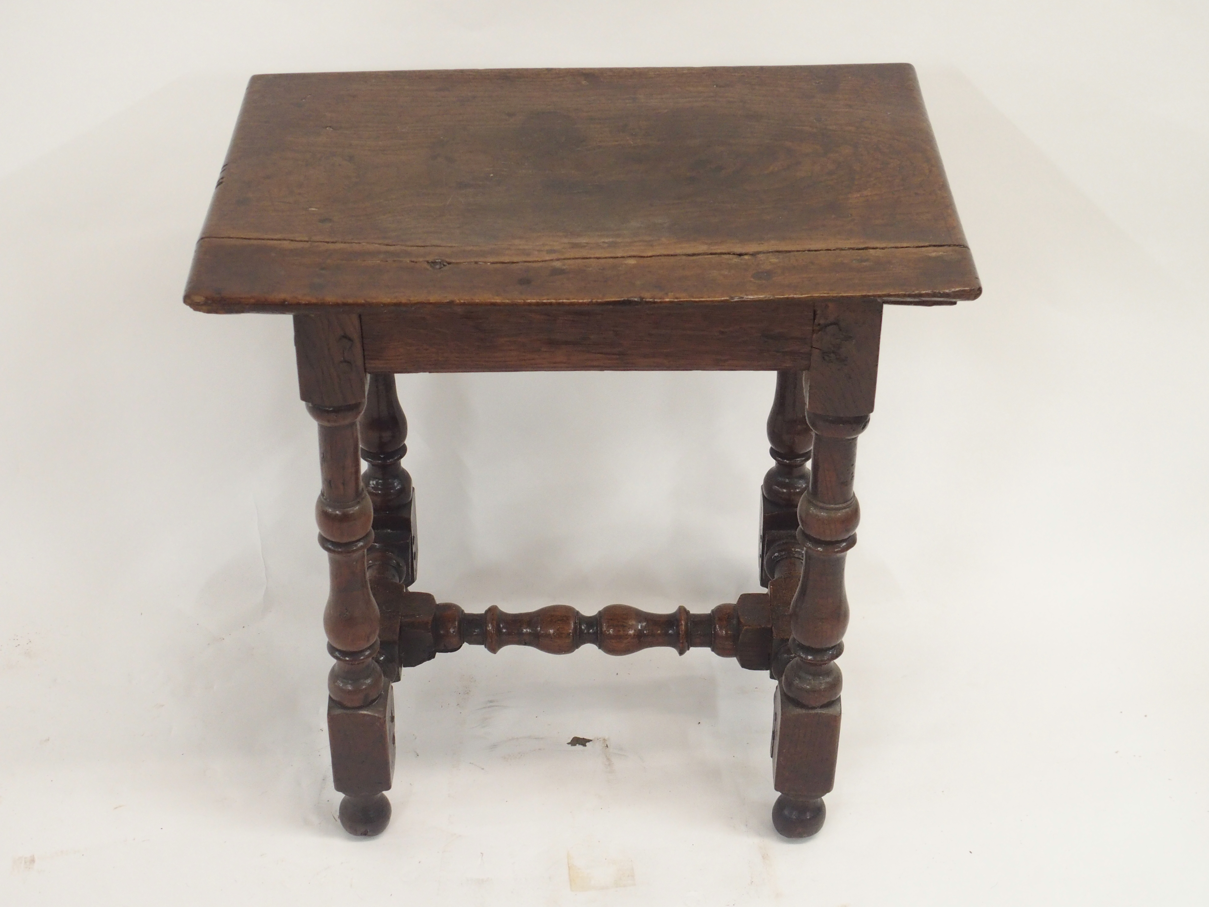 AN 18TH CENTURY AND LATER OAK JOINT STOOL the broad seat on ring turned baluster legs, joined by - Image 8 of 10