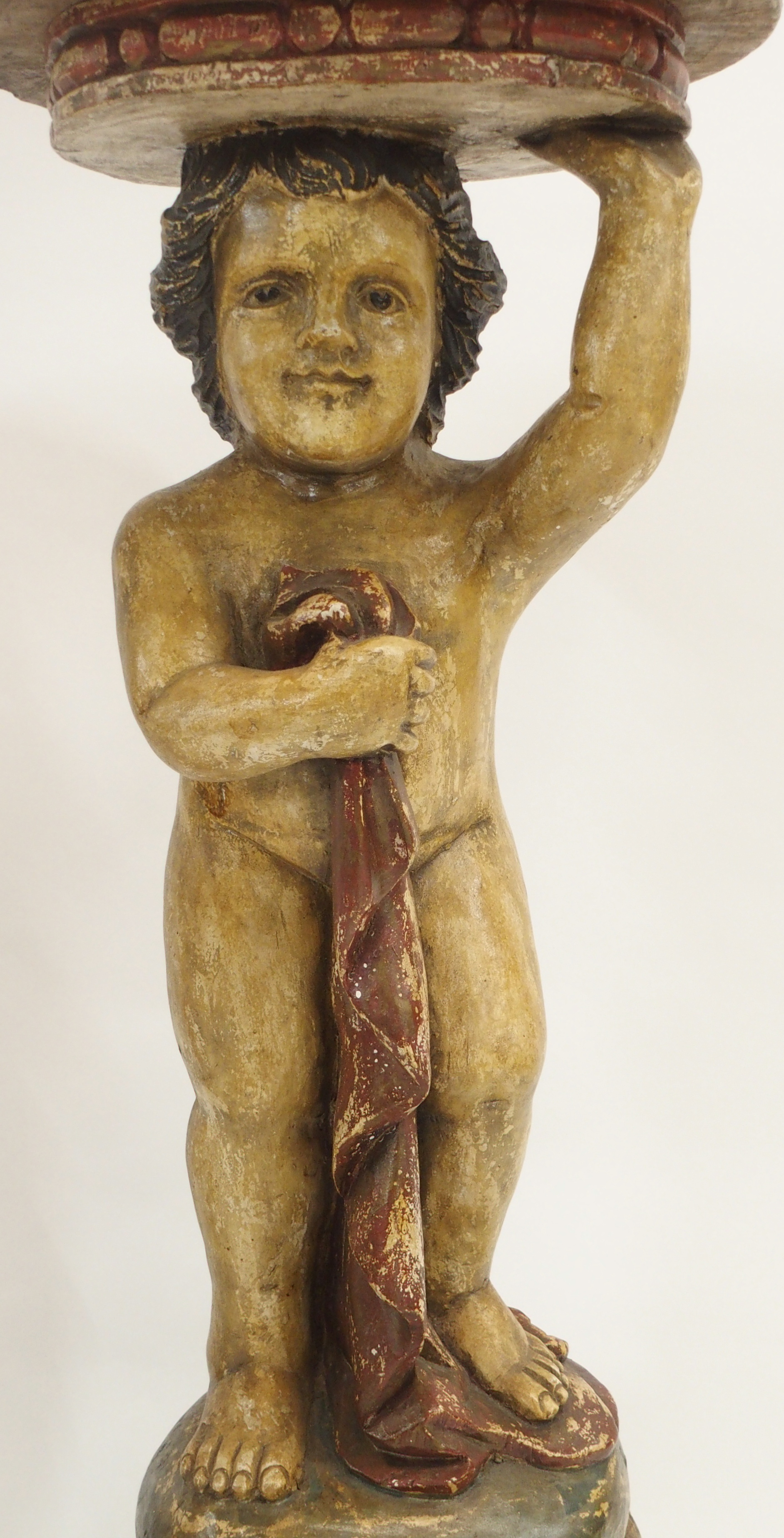 A PAIR OF CONTINENTAL POLYCHROME PINE PEDESTALS each carved with putti holding a robe and standing - Image 9 of 15