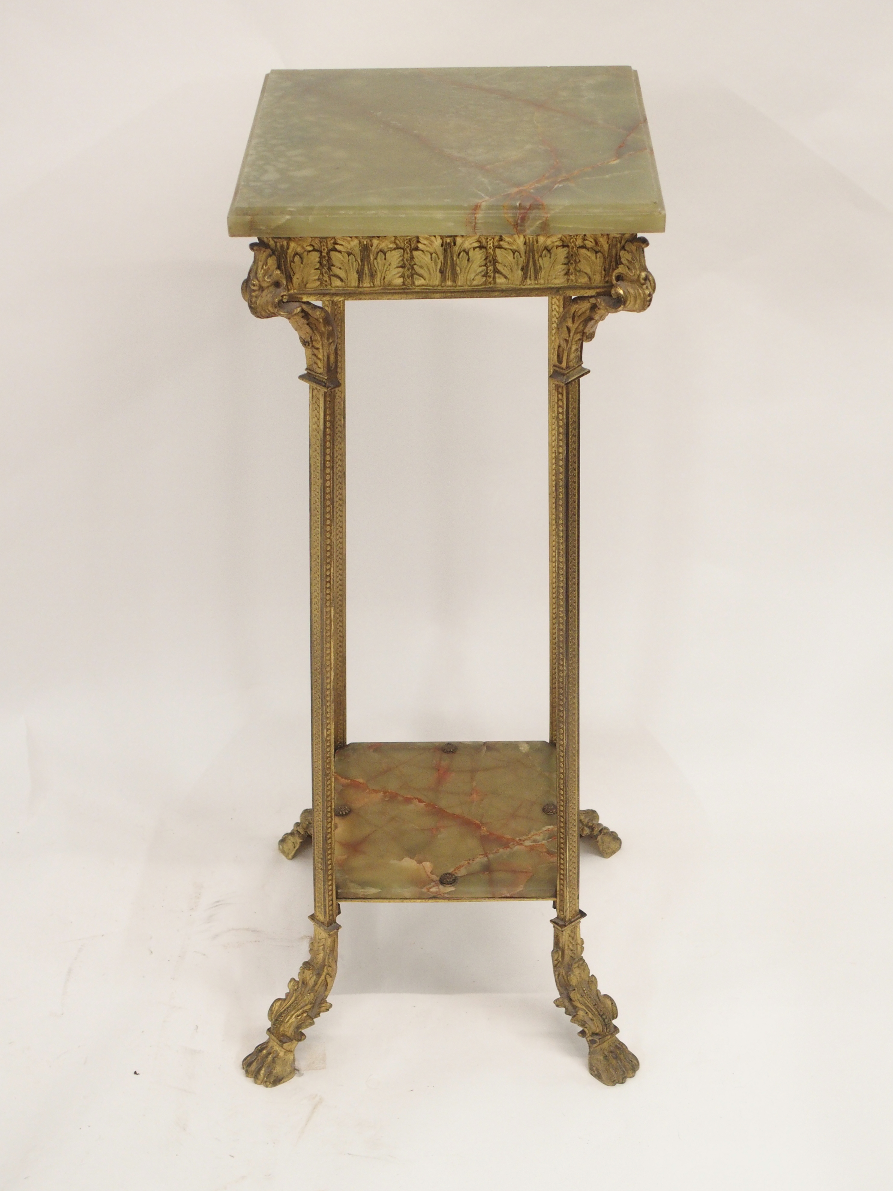 A GILT METAL AND GREEN ONYX PEDESTAL cast with acanthus leaf and on square legs joined by a shelf - Image 9 of 10