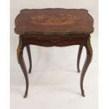 A FRENCH ROSEWOOD MARQUETRY DRESSING TABLE the hinged top inlaid with a couple in a landscape,