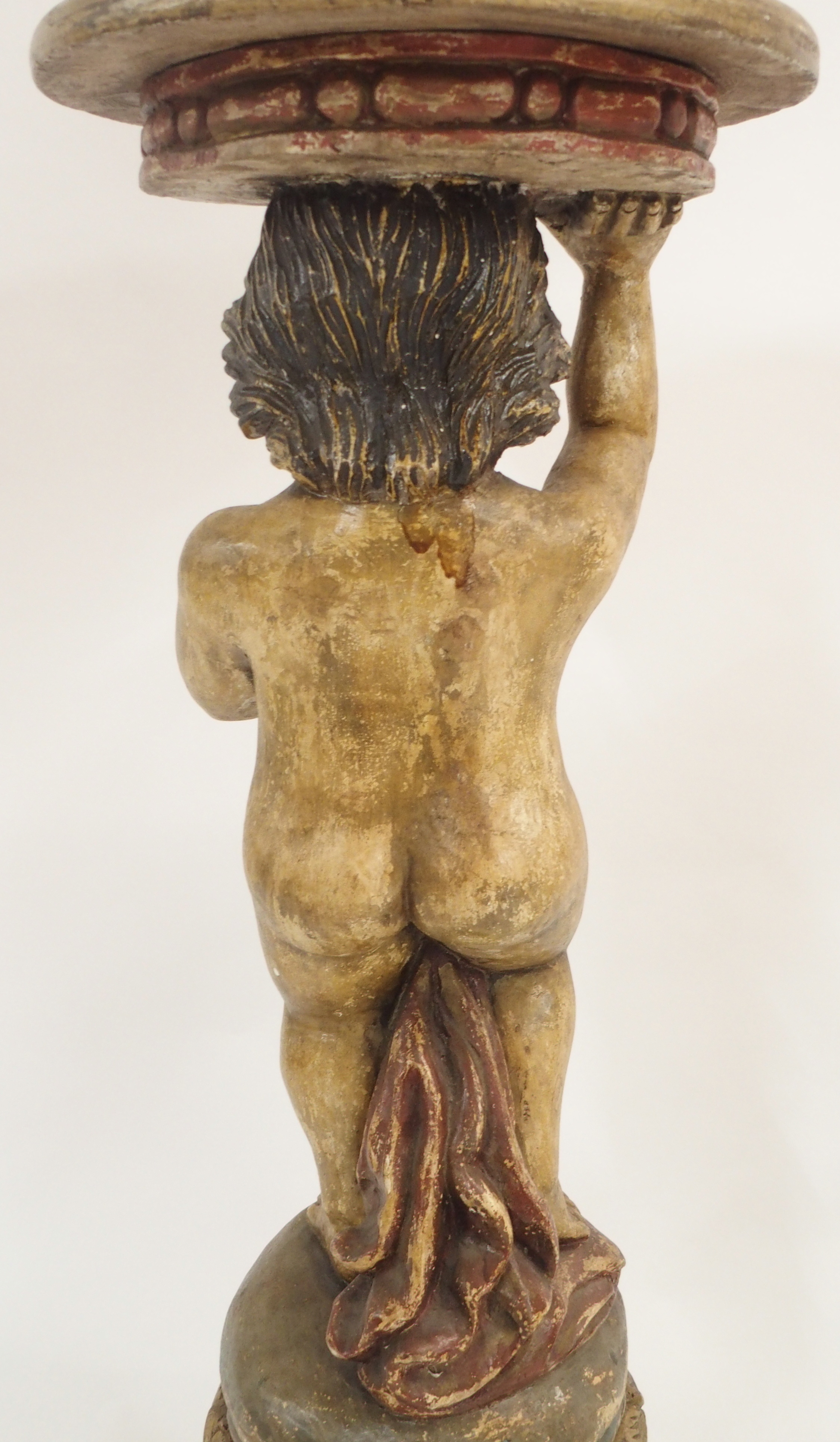 A PAIR OF CONTINENTAL POLYCHROME PINE PEDESTALS each carved with putti holding a robe and standing - Image 6 of 15